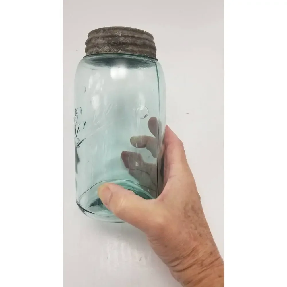 Antique Ball Jar Blue Quart 3 Loop Triple L Logo Slope Shoulder Zinc Lid 1900